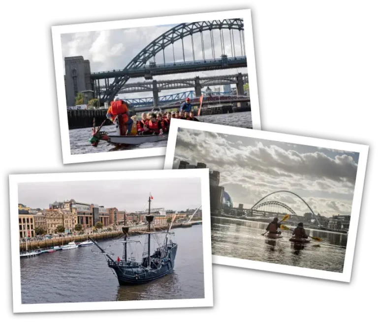 A set of 3 polaroid pictures featuring Newcastle's iconic bridges and a boat anchored in the middle of the River Tyne